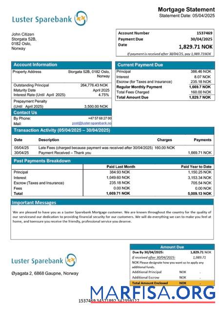 Printable Norway Luster Sparebank mortgage statement Word and PDF template